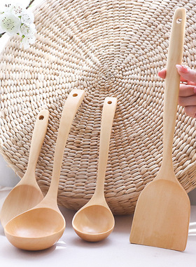 Detomate不粘锅木铲炒菜铲子烹饪勺铲套装白桦木原色