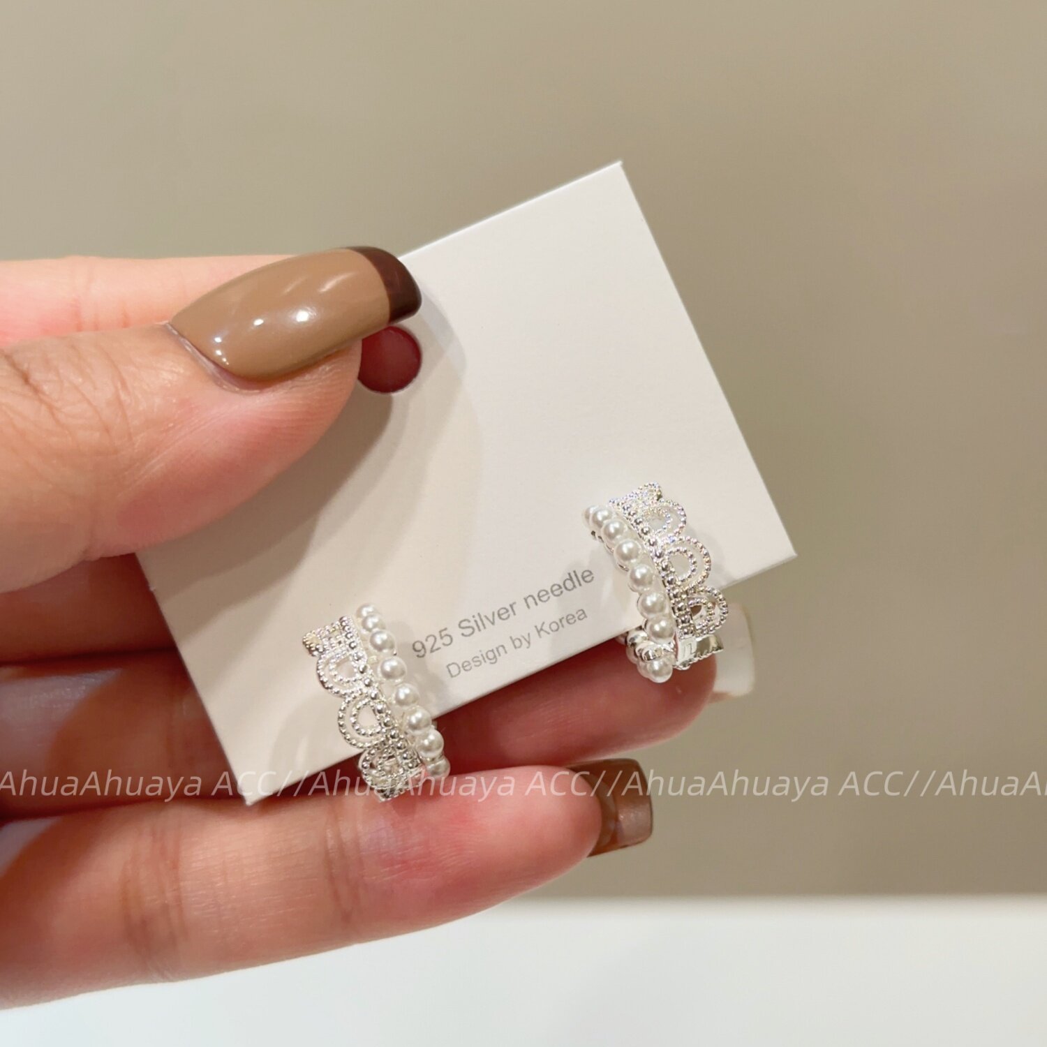 精致甜美银色金属蕾丝边珍珠耳扣轻奢小众耳钉韩版气质设计感耳饰