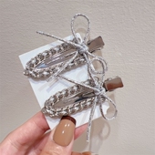 甜酷冷淡风金属亮银色冲浪板鸭嘴夹PU皮蝴蝶结韩版 刘海夹发夹边夹