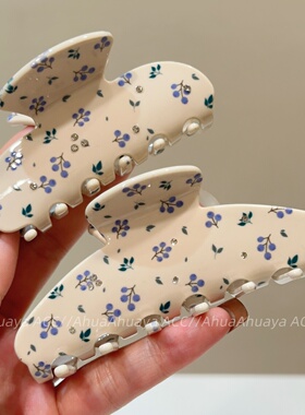 韩系甜美温柔蓝色印花醋酸中号抓夹气质优雅百搭水钻盘发鲨鱼夹