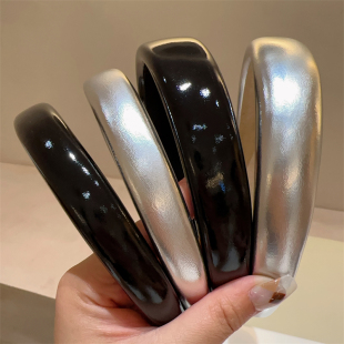 新款 冷淡风赫本风简约百搭亮黑色头箍发饰 银色PU皮质海绵发箍时尚