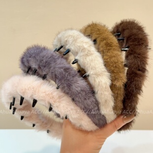 AhuaAhuaya韩系时尚 高颅顶带齿头箍 气质纯色仿水貂毛毛绒发箍个性