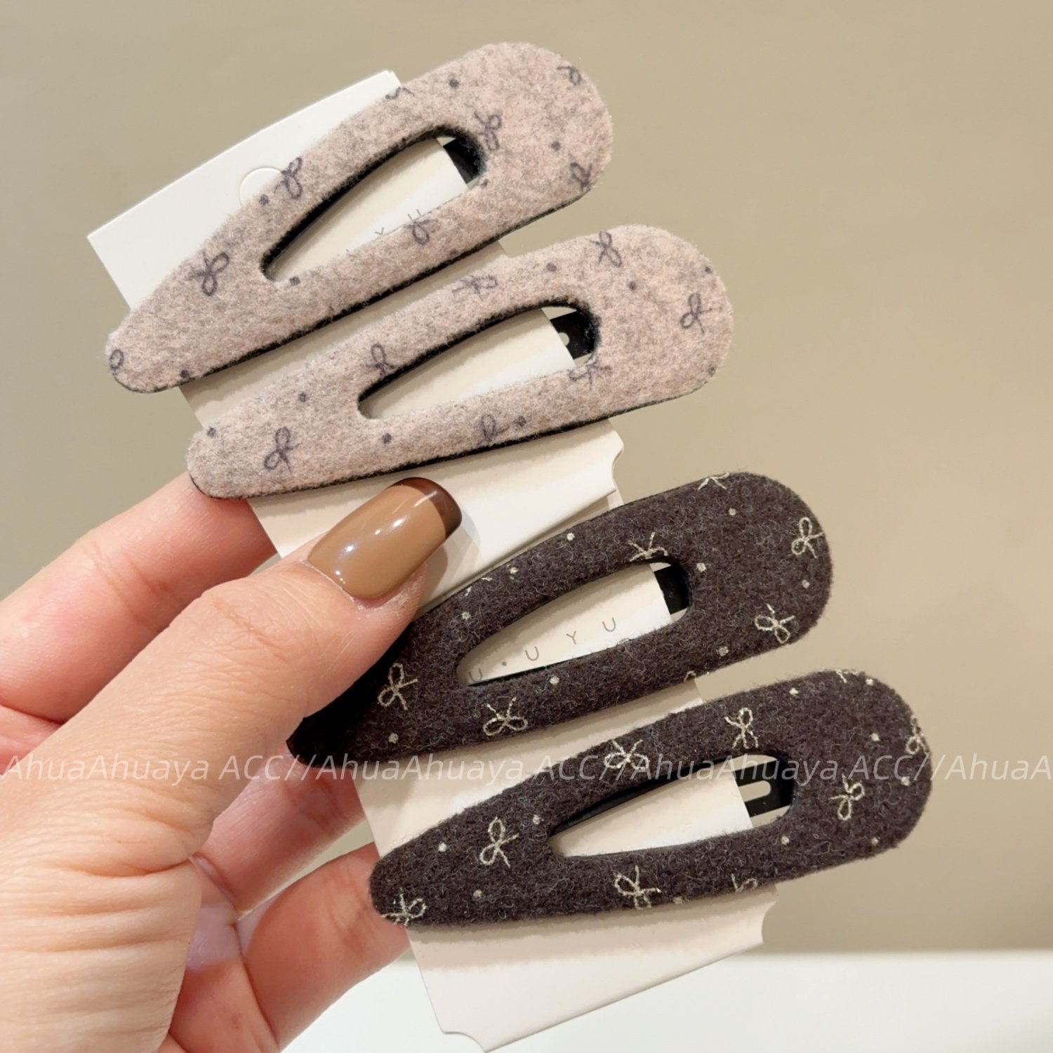 AhuaAhuaya甜美韩系毛呢蝴蝶结印花咖色粉色水滴BB夹时尚发夹边夹,饰品/流行首饰/时尚饰品新,发饰,淘宝优惠券,粉丝福利购,淘宝优惠卷