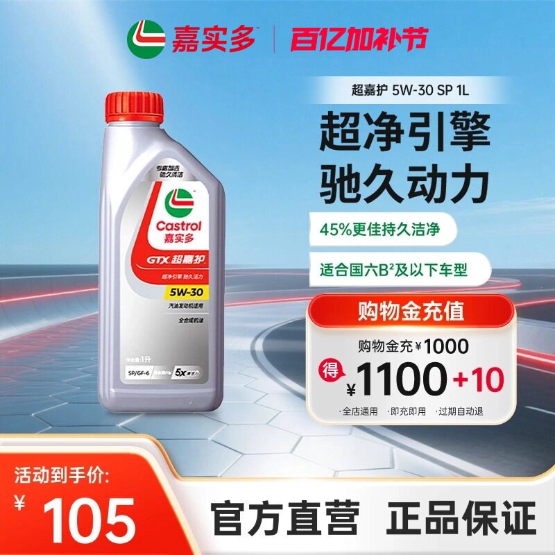 Castrol嘉实多超嘉护全合成汽车发动机润滑油机油国6b SP 5W30 1L