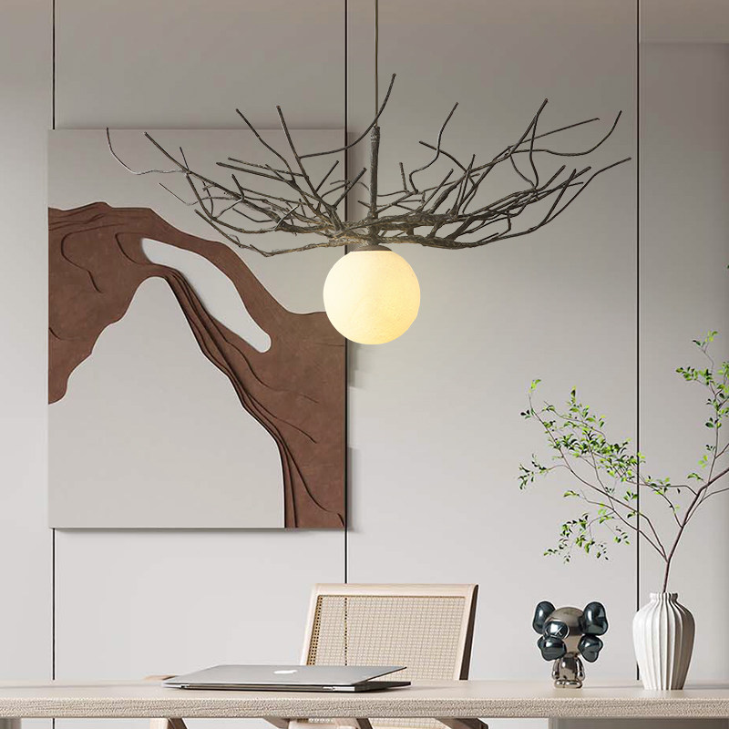 侘寂风树枝月轮吊灯创意个性复古客厅餐厅茶室卧室民宿设计师灯具