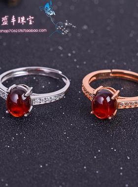 纯银手工天然石榴石韩版戒指包邮