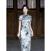 AULX新款 旗袍中国风复古 长款 改良旗袍高档水墨蝴蝶优雅时尚 年轻款