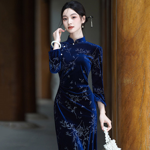 AULX新中式烫金丝绒国风长款春季长袖旗袍改良年轻款女复古晚礼服