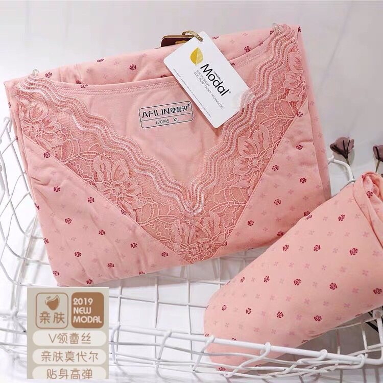 包邮雅慧琳女内衣莫代尔蕾丝弹力保暖打底套装碎花秋衣秋裤棉毛衫