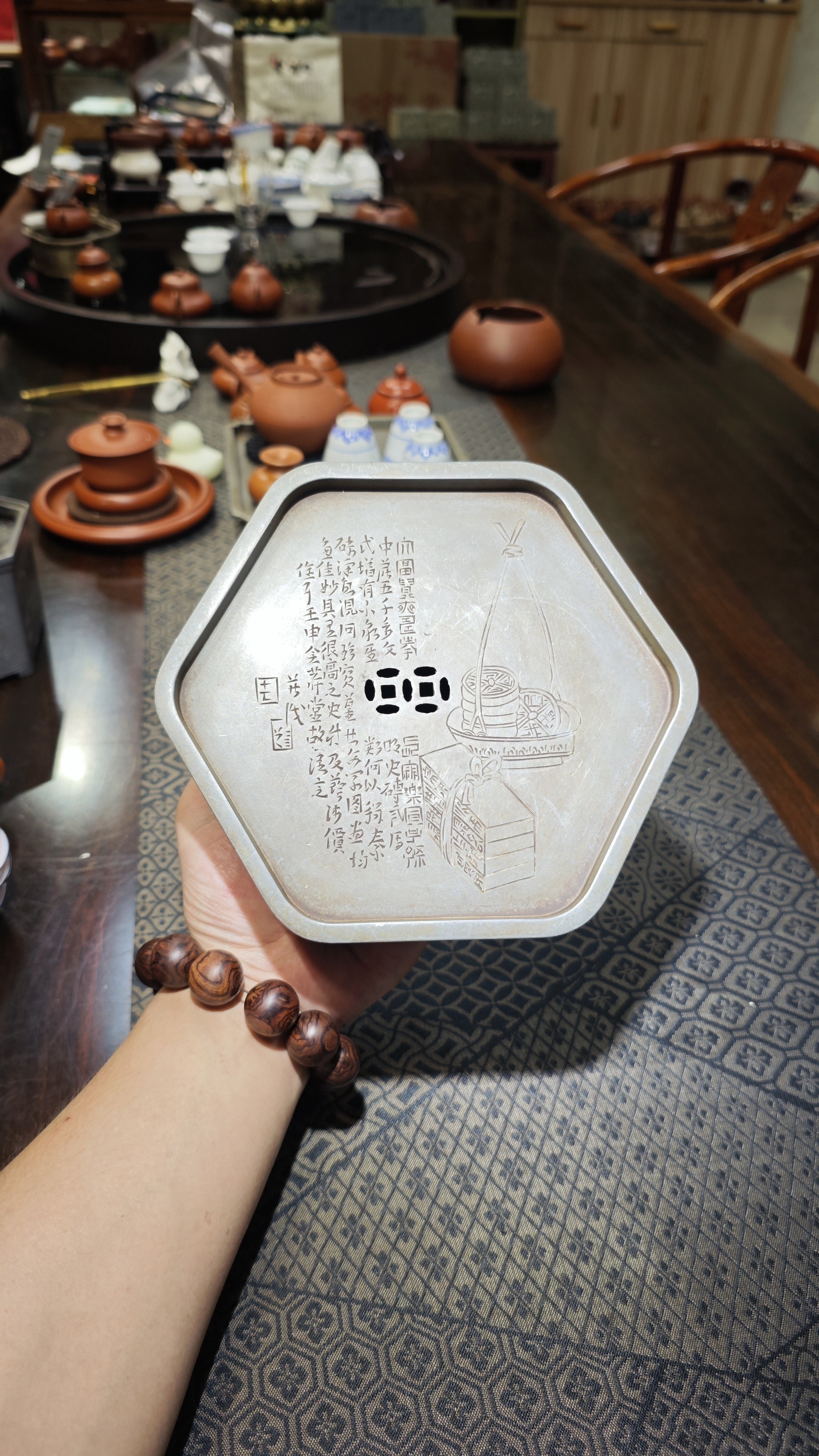 六角老锡盘精工重器手工手绘回流老物件年代感十足老味皮壳很好