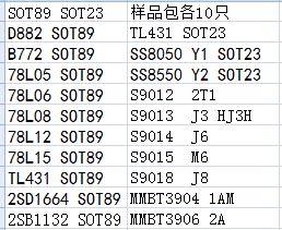 常用3级管 SOT89 SOT23 组合样品包 78L05 431  总共22种 各10只