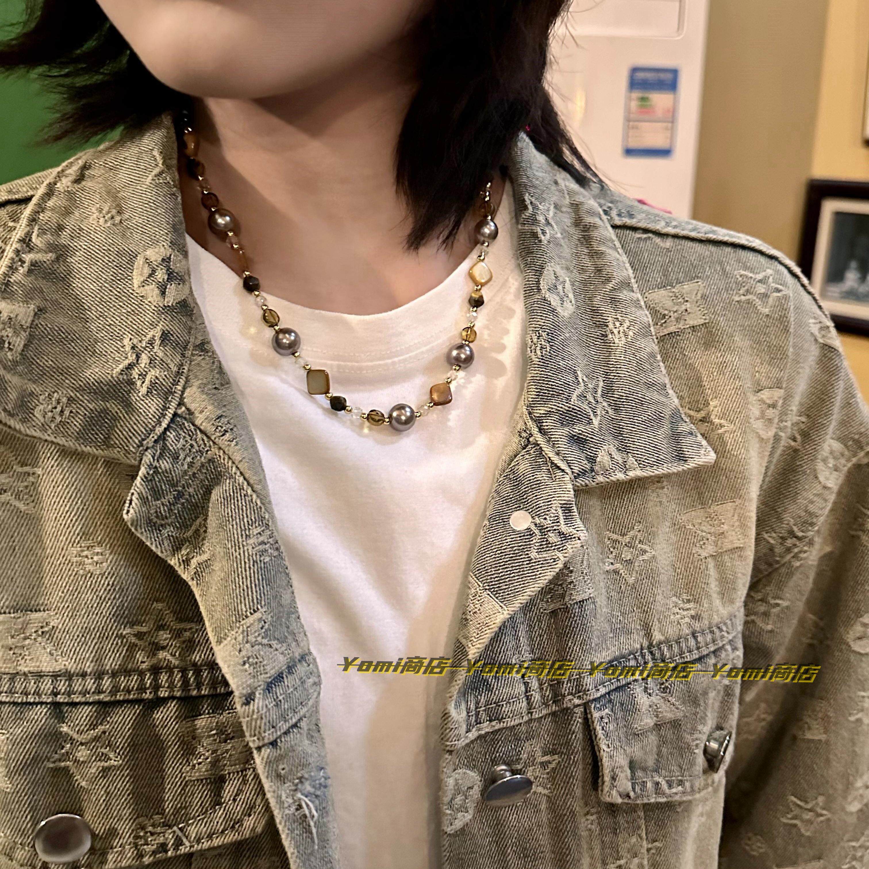 复古秋冬咖啡色系仿珍珠虎眼石串项链