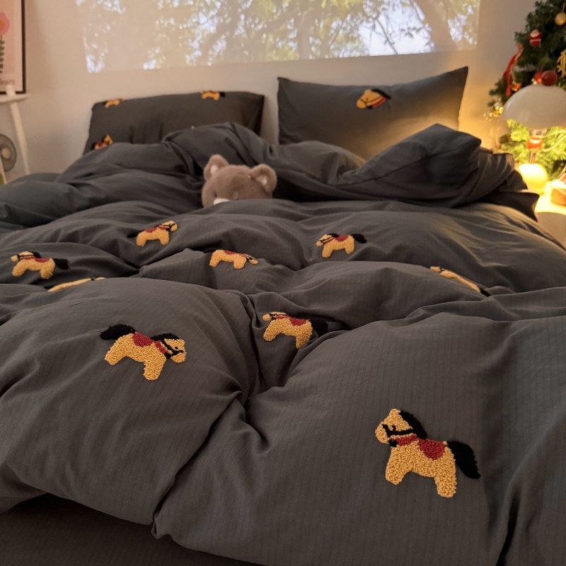 ins韩系老钱风新年小马毛巾绣四件套深灰色宿舍被套床单人三件套