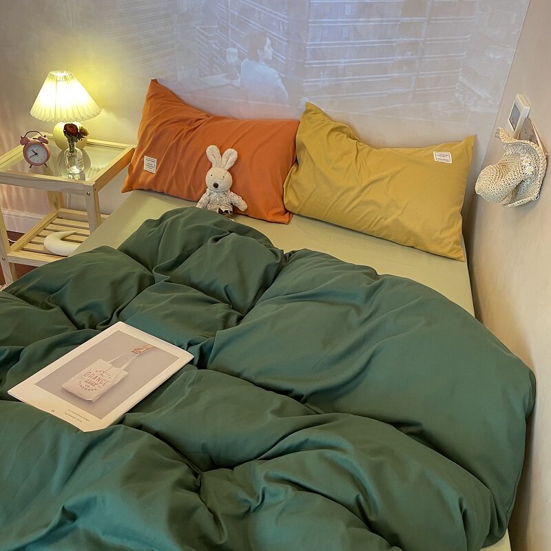 文艺墨绿色撞色学生宿舍三件套简约混搭风纯色被套橙色枕套四件套
