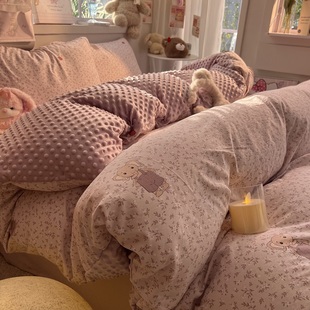 可爱冬季卡通小象紫豆豆绒被套四件套单面绒保暖被罩床单人三件套