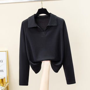 2026新款插肩翻领长袖t恤女士纯棉春秋薄款大码黑色纯色全棉上衣