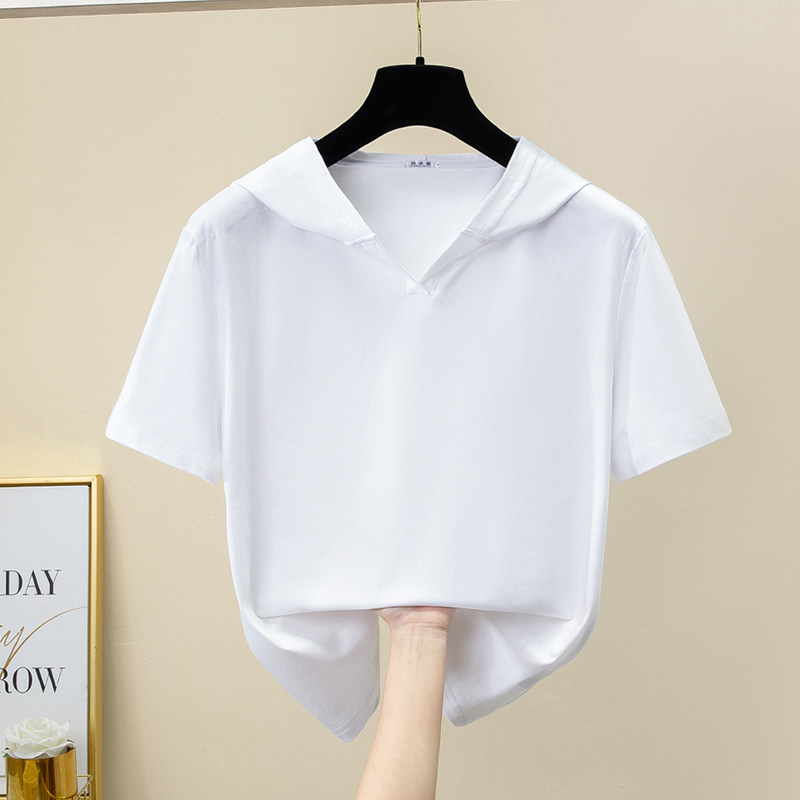 2026新款正肩开襟连帽短袖t恤女纯棉夏季卫衣大码带帽修身薄款潮