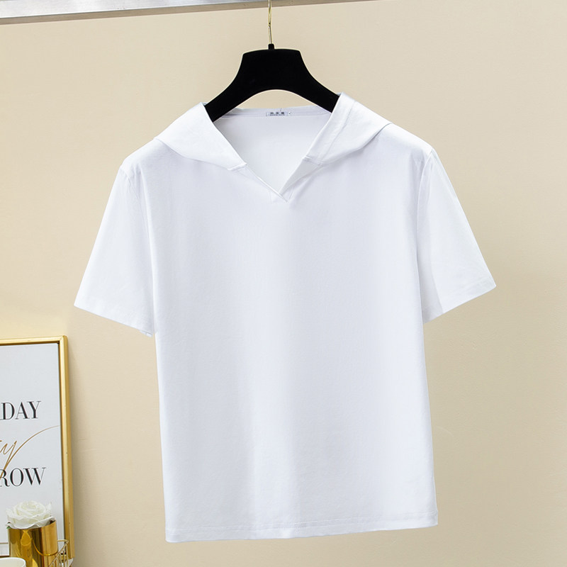 2026新款正肩开襟连帽短袖t恤女纯棉夏季卫衣大码带帽白色薄款潮