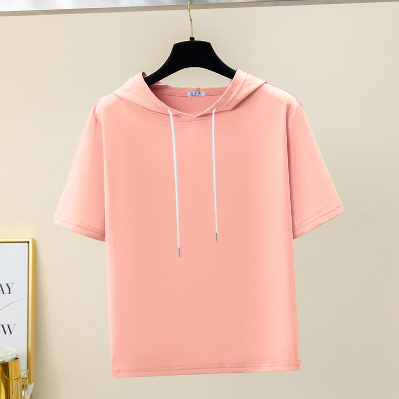 2026新款正肩夏连帽短袖t恤女纯棉大码宽松带帽卫衣薄款粉色帽衫