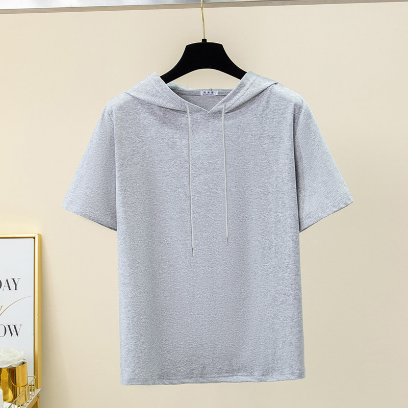 2026新款正肩连帽短袖t恤女士夏季卫衣大码显瘦修身带帽薄款帽衫