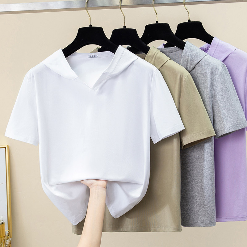 2026新款正肩开襟连帽短袖t恤女纯棉夏季卫衣大码带帽夏天薄款潮