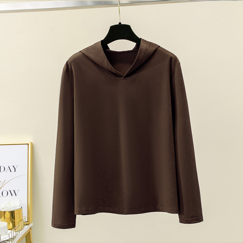 2026新款连帽长袖t恤女春秋纯棉带帽卫衣薄款宽松大码夏咖色帽衫