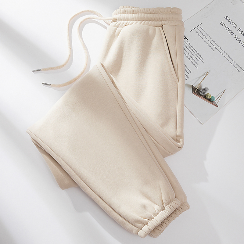 杏色纯棉束脚卫裤女加绒加厚大码春秋季2025新款长裤子收口直筒裤