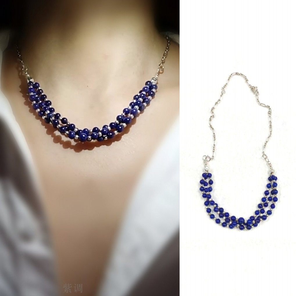 原创青金石绿松石925纯银多层项链可调节