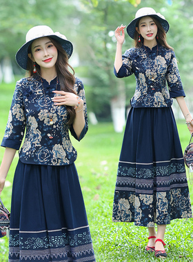 民族风春夏套装中式改良旗袍上衣复古盘扣棉麻唐装女装中国风汉服