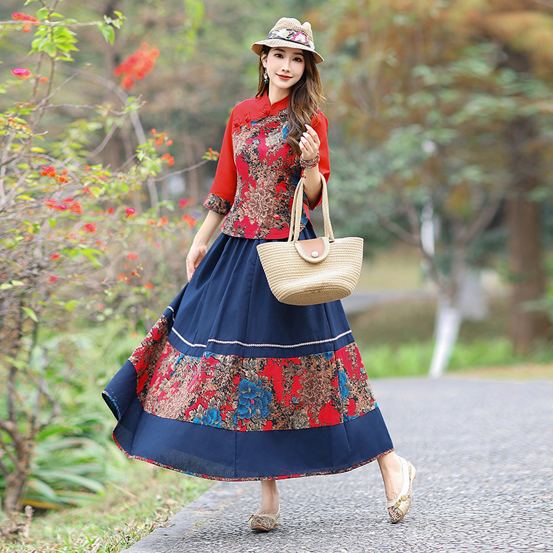 中国风盘扣上衣女春秋夏新款棉麻裙子云南民族风女装洋气时尚套装