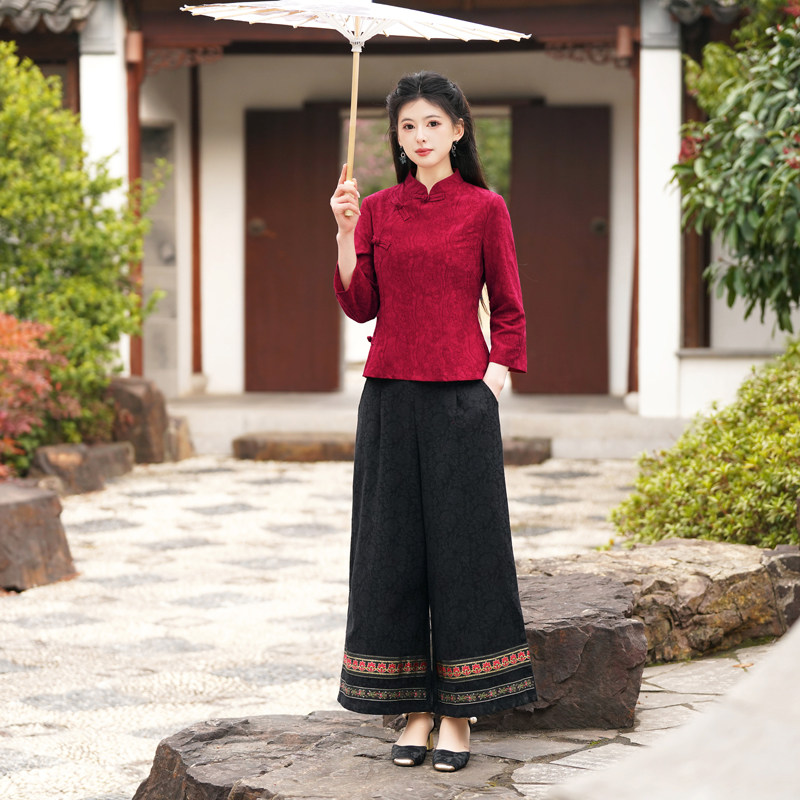 春棉麻旗袍上衣裤子女新中式唐装改良复古修身显瘦两件套装民族风