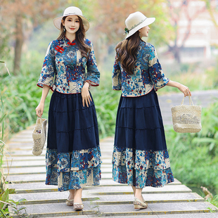 妈妈棉麻套装中国风服装民族风女装新中式复古装广场舞蹈团建衣服