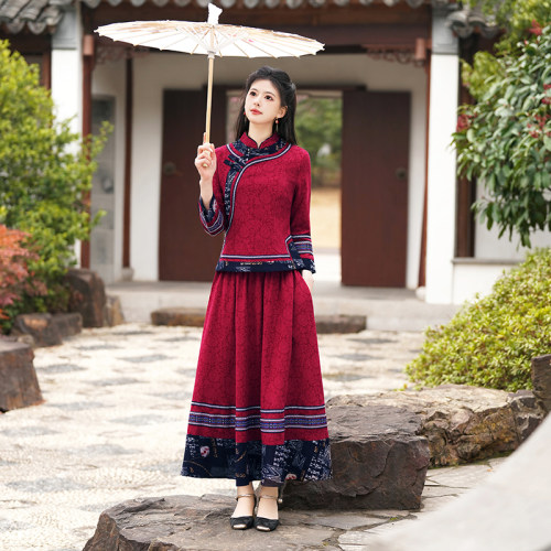 春秋复古中国风改良旗袍两件套女
