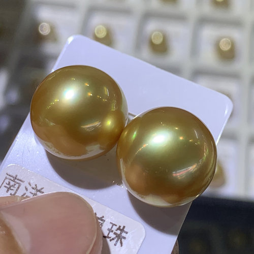 15-16mm天然浓金海水珍珠 正圆强光皮细腻耳饰吊坠 一对南洋珍珠