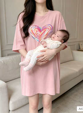 T恤哺乳期外出辣妈夏款短袖连衣裙夏季可外穿裙子喂奶母乳上衣服