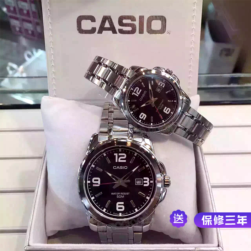 正品Casio钢带情侣表一对 简约休闲石英表男 经典卡西欧手表女买三送一