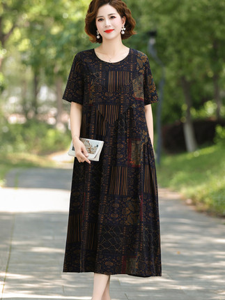 New Cotton Silk Long Dress, Pure Cotton Silk Nightgown for Women, Mother's Wear, Short-Sleeved, Loose-Fitting Summer Rayon Dress for Middle-Aged and Elderly People
