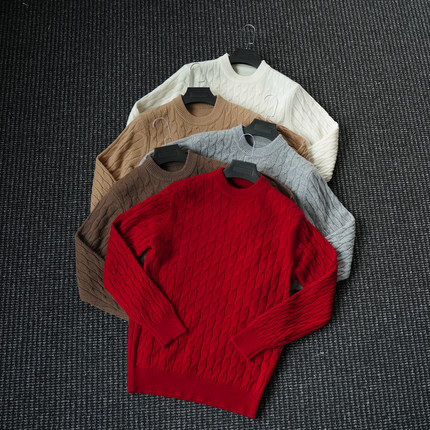 CssuGent(100%绵羊毛) 冬季厚款圆领麻花针织毛衣男喜庆红色打底