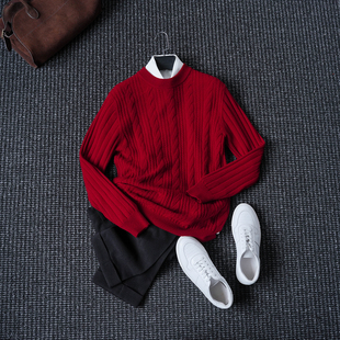 CssuGent（100%绵羊毛）新年男女同款情侣装红色毛衣男圆领绞花衫