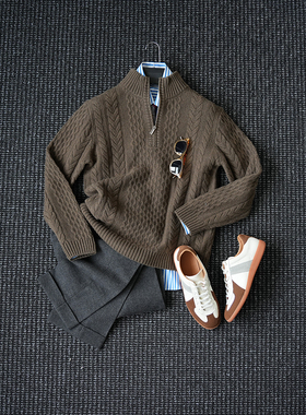 CssuGent 100%绵羊毛 重工高定提花半开毛衣男厚款保暖轻奢外套潮