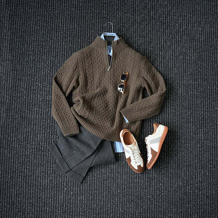 CssuGent 100%绵羊毛 重工高定提花半开毛衣男厚款保暖轻奢外套潮