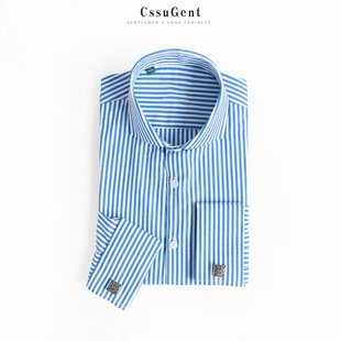 扣温莎领条纹长袖 婚礼主持经典 衬衫 商务正装 备婚衬衣 男士 复古法式