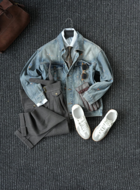 CssuGent高级感单宁水洗翻领泼墨牛仔夹克男绅士优雅商务短裤外套