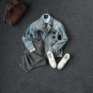 CssuGent高级感单宁水洗翻领泼墨牛仔夹克男绅士优雅商务短裤外套