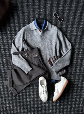 CssuGent那不勒斯皇后海鸥领羊毛混纺针织POLO衫男士休闲英伦毛衣