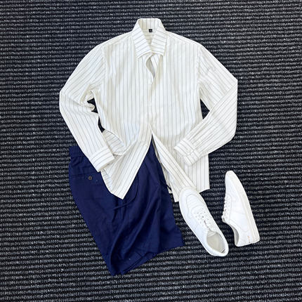 CssuGent那不勒斯皇后纯棉老钱风一片领条纹衬衫男夏季透气衬衣潮