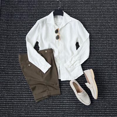 经典老钱风100亚麻长袖衬衫男