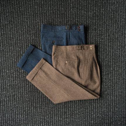 CssuGent高定人字纹羊毛那不勒斯皇后巴黎扣高腰西裤男老钱休闲裤