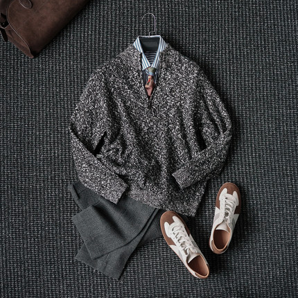 CssuGent冬季100%绵羊毛花纱半开高领针织毛衣男休闲百搭保暖衫