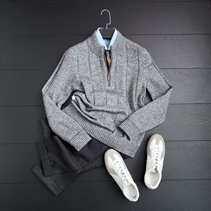 CssuGent 绵羊毛混纺 高定 半高领立领提花毛衣男冬季老钱打底衫